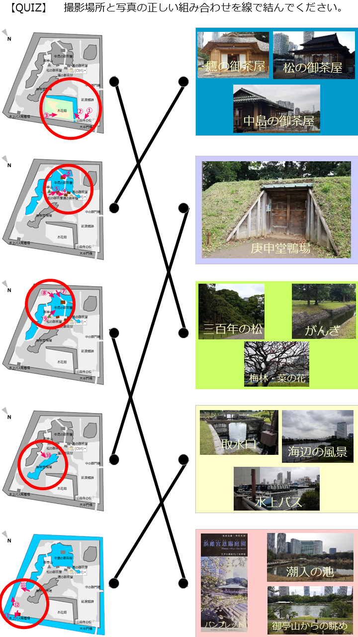 正確答案是這裡【浜離宮恩賜庭園(後篇)】推薦的散步路線。
照片和拍攝地點的正確組合是什麼?　正確答案是這邊→