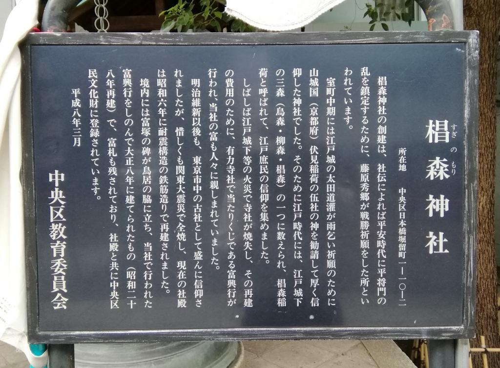 從中央區教育委員會說明板人形町站可以去的安靜氛圍的神社NO.24
 　～栂森神社～ 