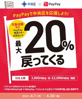 這個宣傳活動的海報在標誌中央區PayPay!目標店鋪最多可返回20%的活動