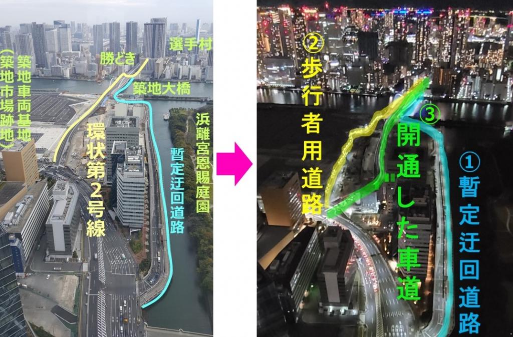 中間新設了車道,有兩條道路→環狀第2號線的本線終於開通了3條?!(舊築地市場)