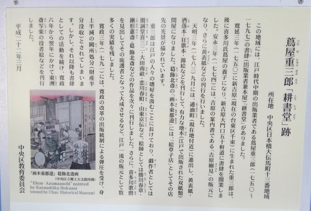 常春藤屋重三郎「耕書堂」遺址終極的新人發掘怪獸,常春藤屋重三郎的店・耕書堂在中央區
　　同時也談論吉原
　　～常春藤屋重三郎《耕書堂》遺址～