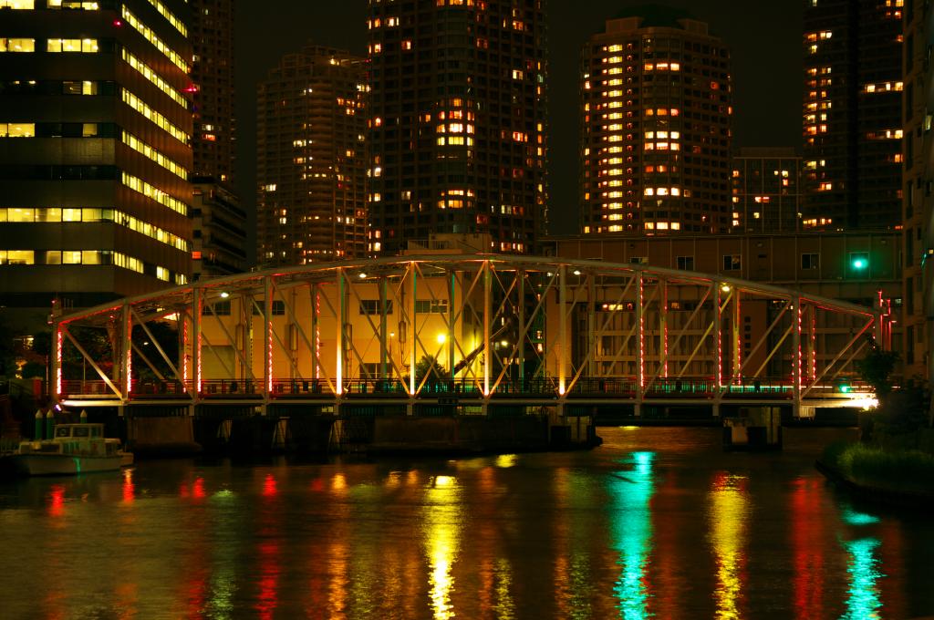 南高橋-舊兩國橋的3連特拉斯橋的中央高橋・南高橋水邊的夜景