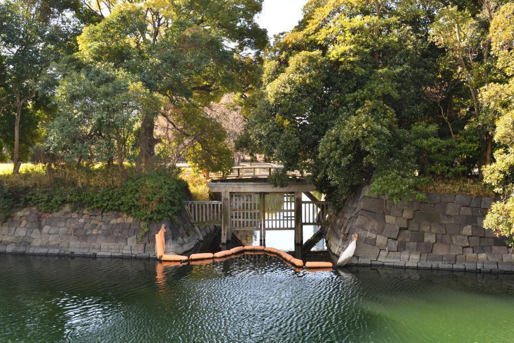  從築地川沿岸的臨時道路眺望的浜離宮恩賜庭園