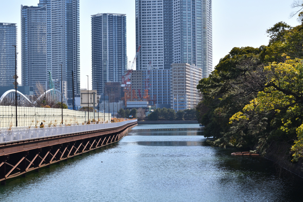 從臨時道路築地川沿岸的臨時道路眺望濱離宮恩賜庭園