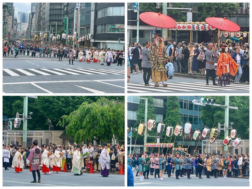 渡御的最前面是猿田彥・天鈿女命,神轎在神職・巫女們中央路遊行(山王祭)下町聯合渡御